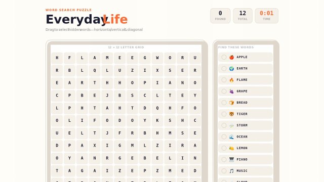 Word Search Puzzle — Everyday Life (Bahasa Inggris Interaktif)