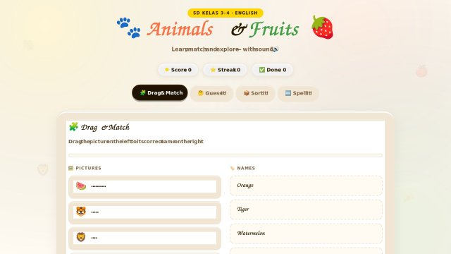 Animals & Fruits — Media Pembelajaran Bahasa Inggris Interaktif SD Kelas 3–4