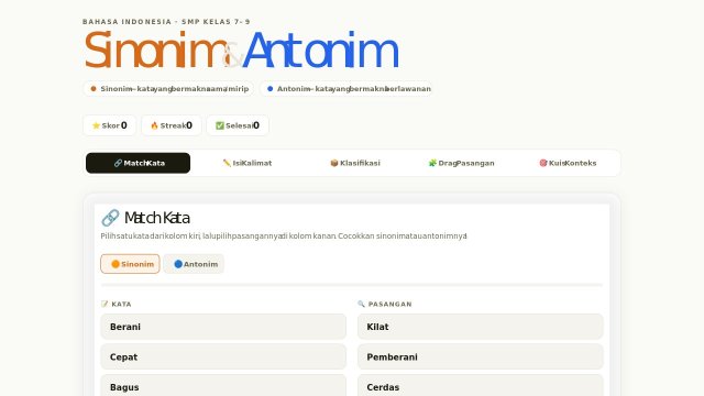 Sinonim & Antonim — Media Pembelajaran Bahasa Indonesia Interaktif SMP
