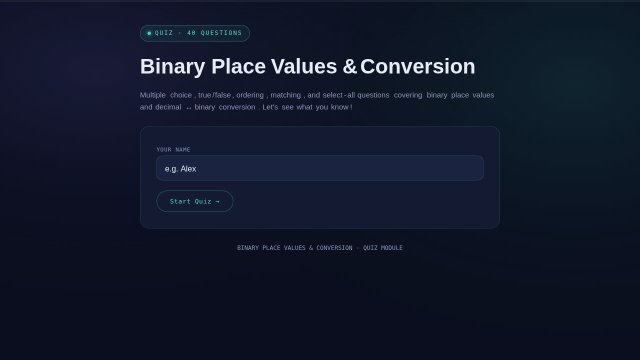 Binary Place Values, Decimal ↔ Binary Conversion Quiz